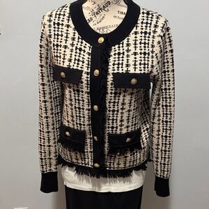Cyrus Black and Cream Tweed Fringe Button Cardigan